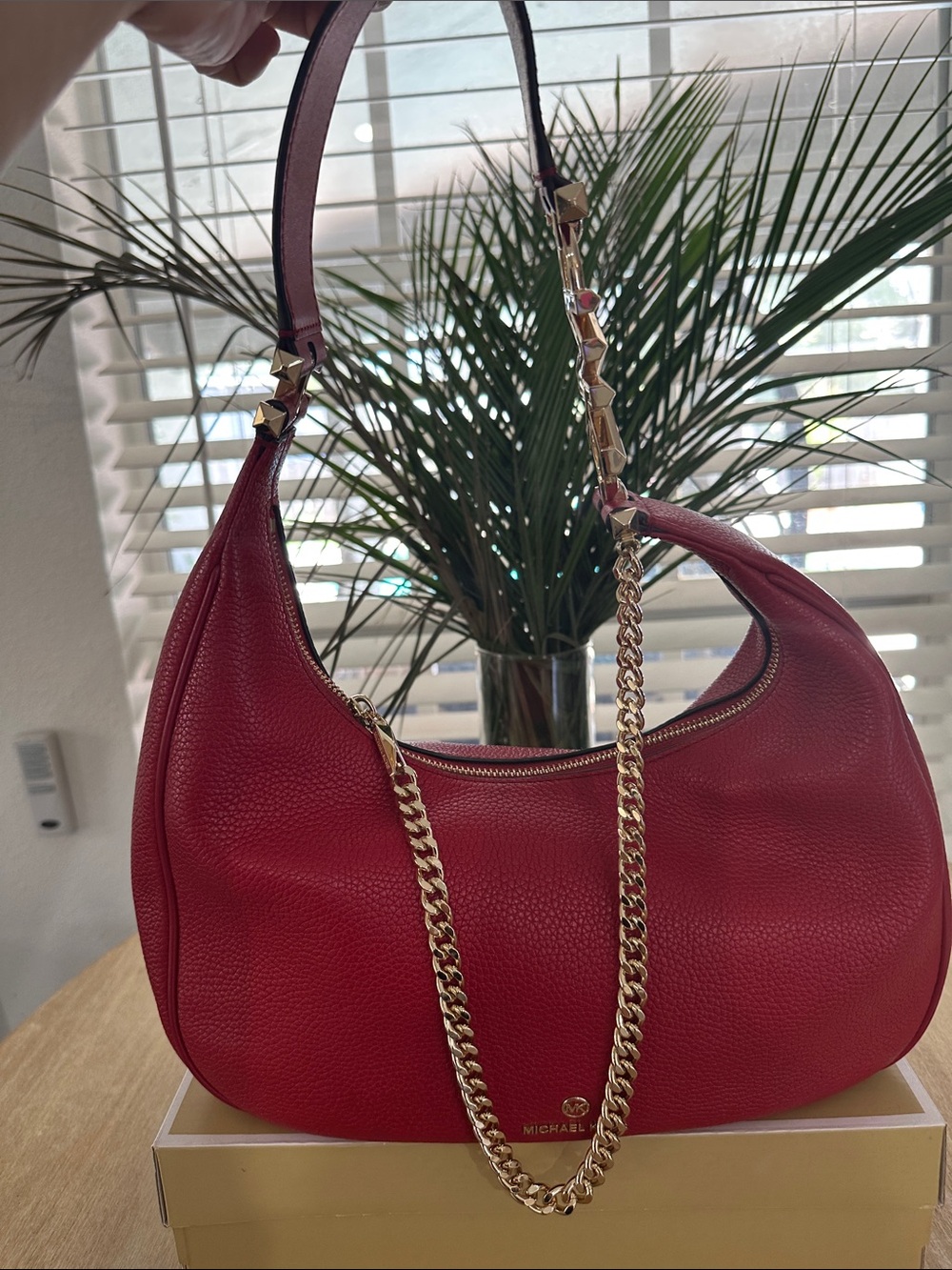 Michael Kors Bright Red Pebbled Leather Shoulder Bag with Gold Chain